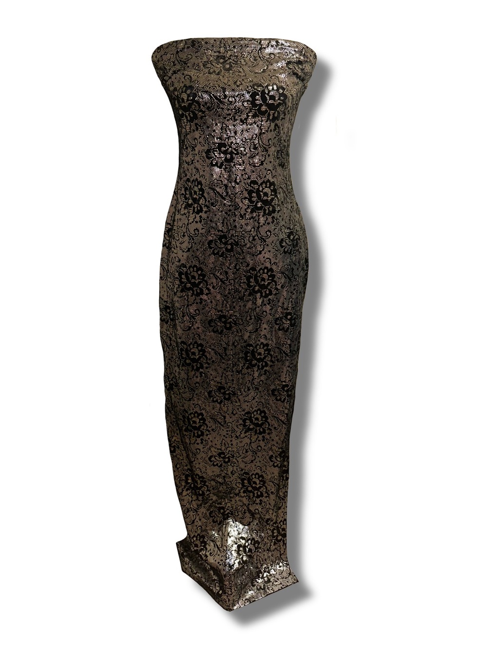 Vtg 90s Black Velvet & Silver Floral Lace Tube Gown